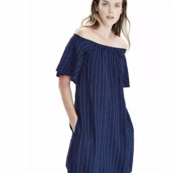 Banana Republic Striped Navy Off The Shoulder Shift Dress - Picture 3 of 10